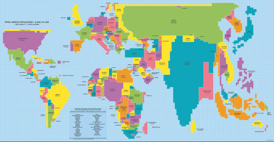 Mapa mundi proporcional às populações dos países