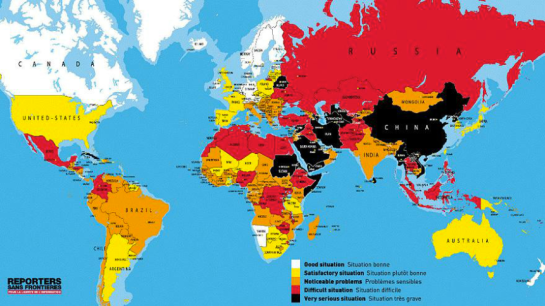 A liberdade de imprensa pelo mundo (fonte: Repórteres sem fronteiras)